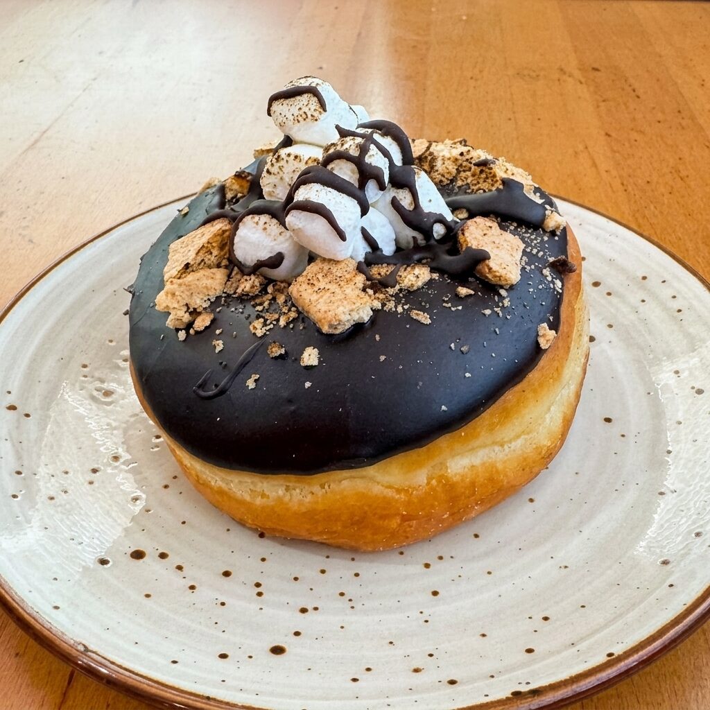 S'mores donut with toasted marshmallow and graham crumbs