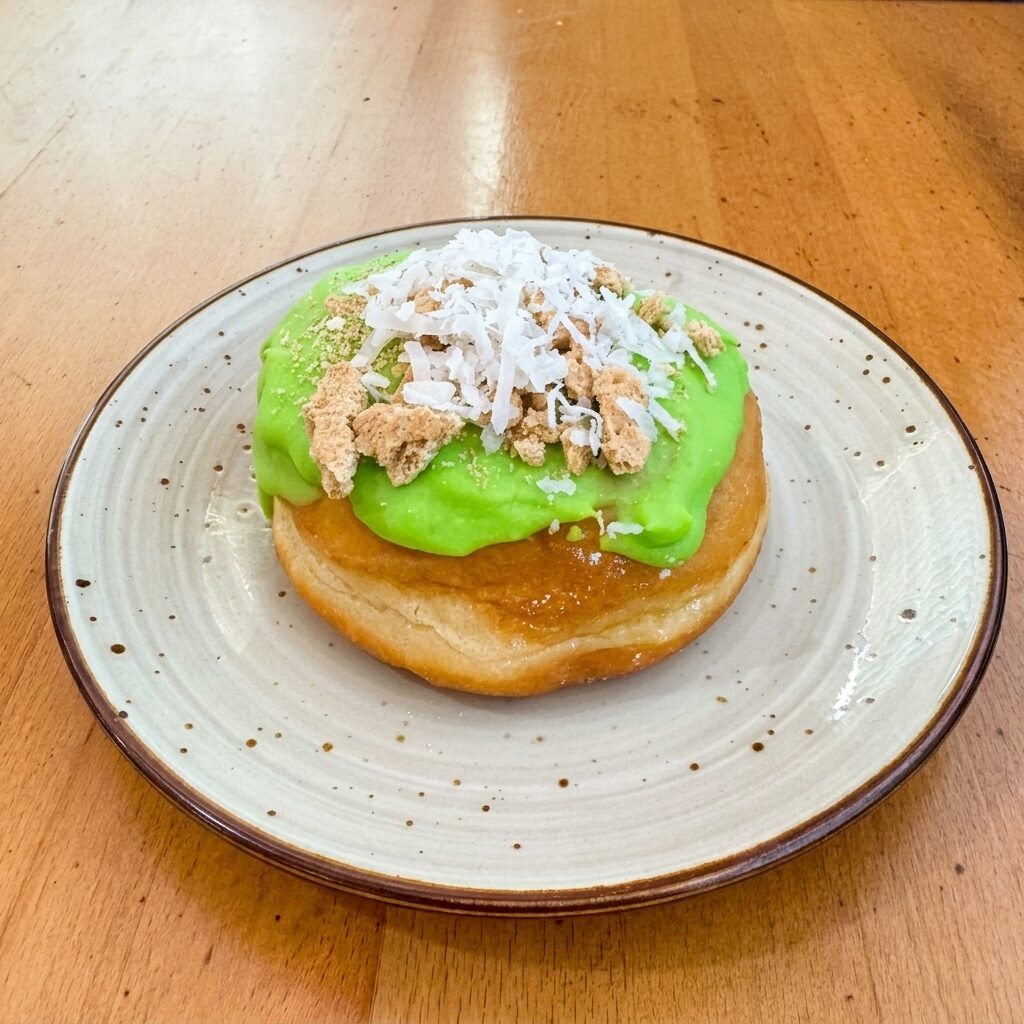 Coconut lime donut with green lime frosting and shredded coconut