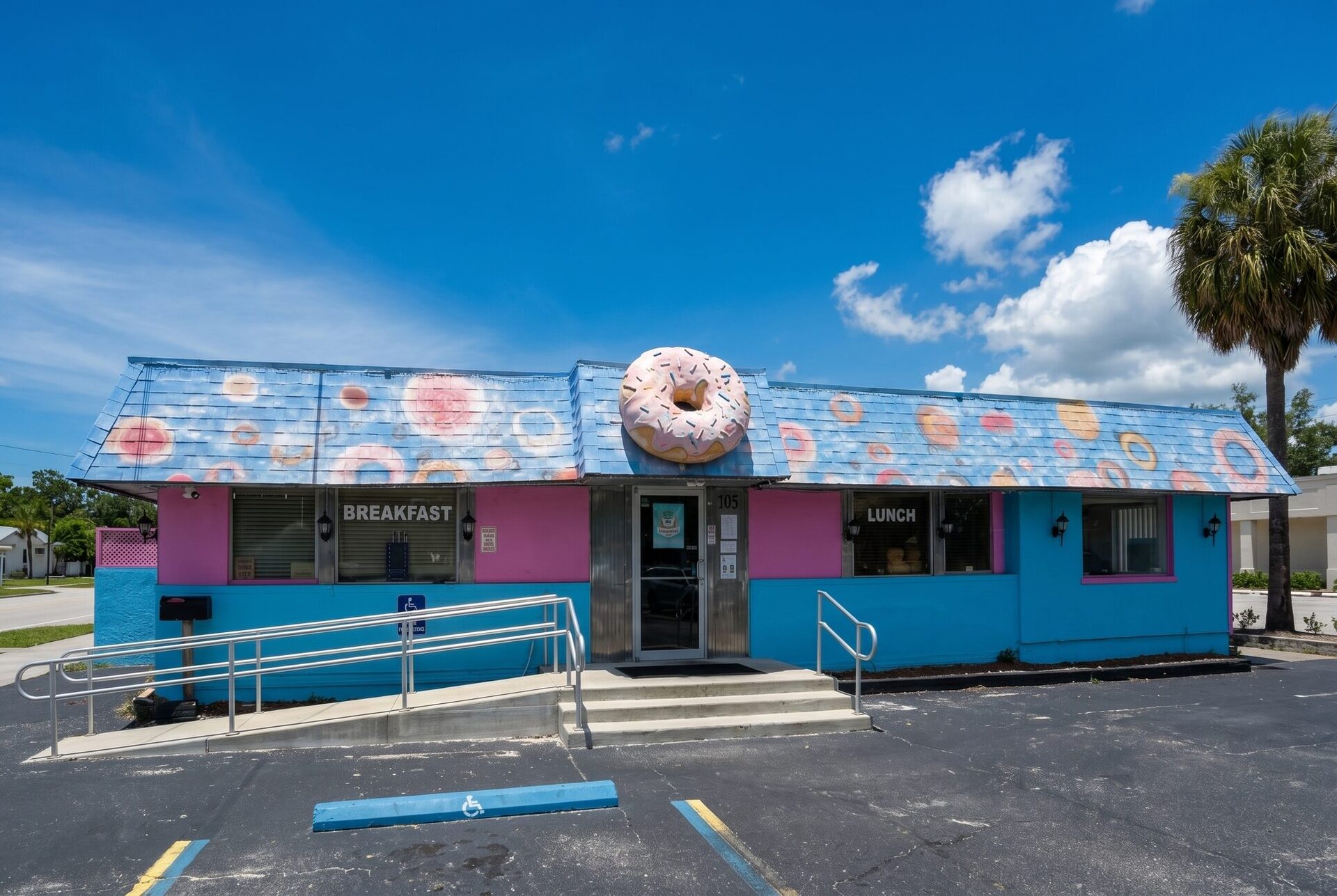 Heavenly Diner & Donuts storefront in Gulfport, Florida — a sky-blue and pink building with a giant sprinkled donut on the roof, palm tree and blue Florida sky